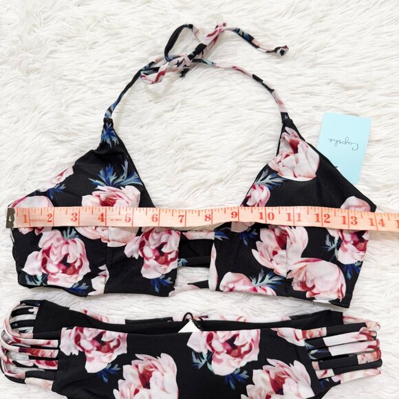 Women CUPSHE Floral Print Shoulder Straps Bikini Beach Set in Black Size Medium - Picture 2 of 8